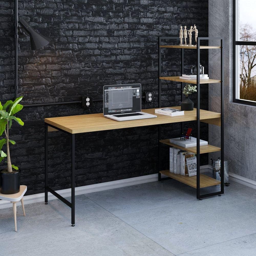 Escrivaninha Industrial com Estante 4 Prateleiras 150cm Active Yescasa Mel