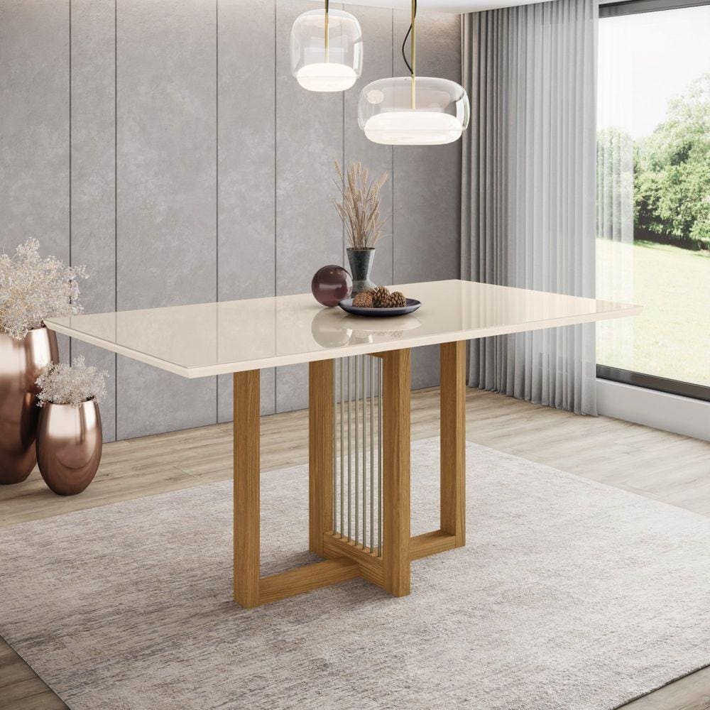 Mesa de Jantar 6 Lugares 160cm Tampo MDF e Vidro Canto Reto Natalí Marrom/Off White
