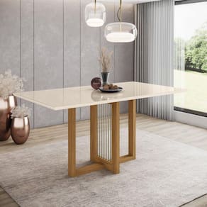 Mesa de Jantar 6 Lugares 160cm Tampo MDF e Vidro Canto Reto Natalí Marrom/Off White
