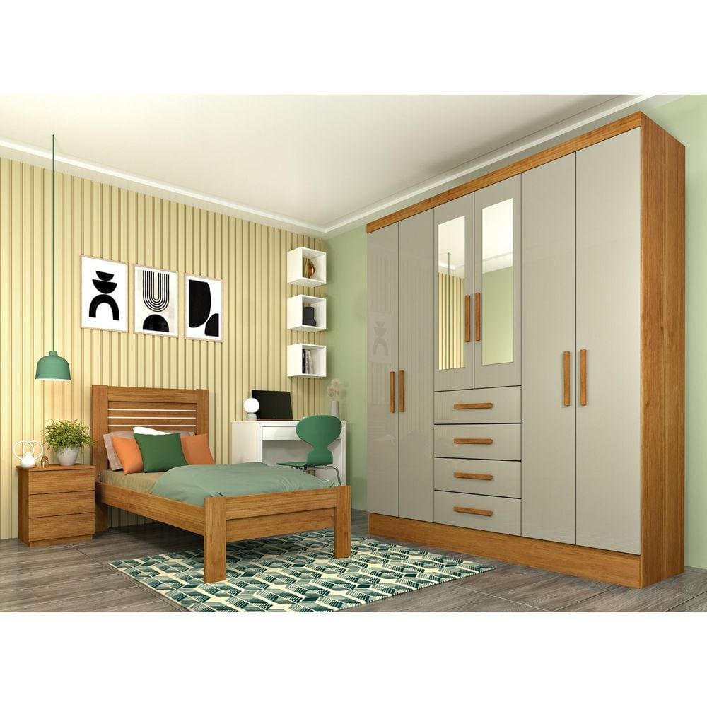 Guarda Roupa Casal com Espelho 6 Portas 4 Gavetas Arizona Cinamomo/Off White