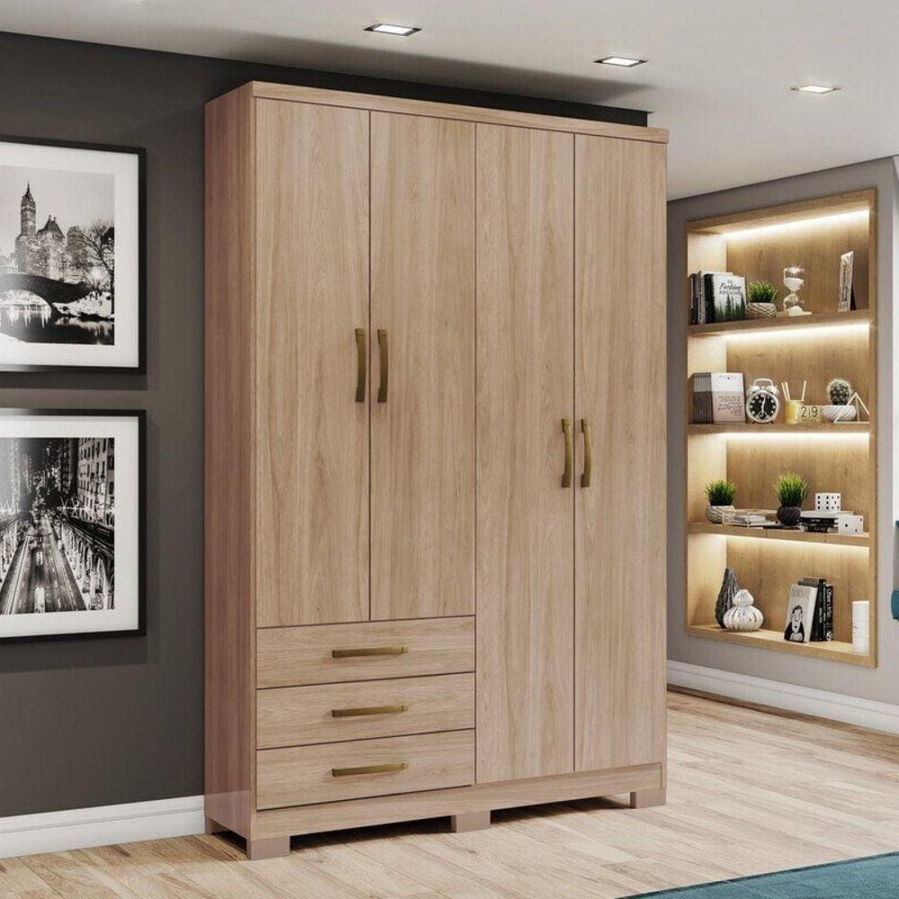 Guarda Roupa Solteiro 4 Portas 3 Gavetas Caju Henn Jequitiba