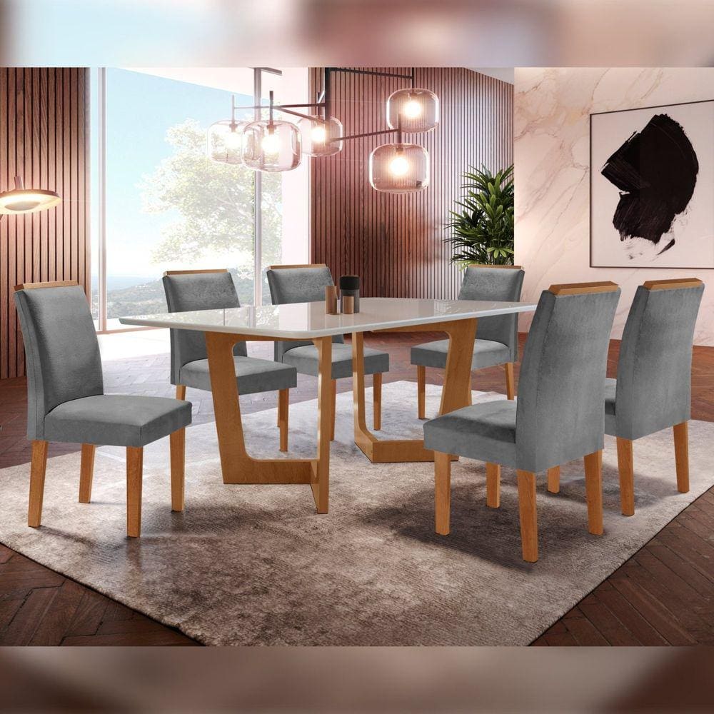 Conjunto Sala De Jantar Nápoles Tampo Vidro/MDF com 6 Cadeiras Luísa Smart Plus Cel Móveis Cinamomo/Off White/Cinza