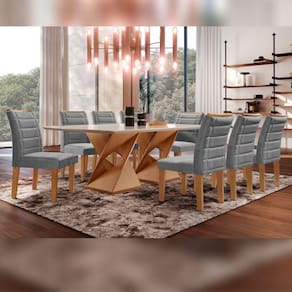 Conjunto Sala De Jantar Genova Tampo Vidro/MDF com 8 Cadeiras Genova Smart Plus Cel Móveis Cinamomo/Off White/Cinza