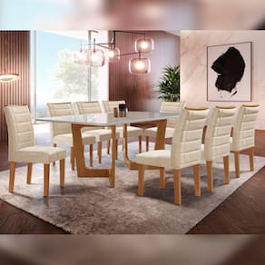Conjunto Sala De Jantar Nápoles Tampo Vidro/MDF com 8 Cadeiras Genova Smart Plus Cel Móveis Cinamomo/Off White/Bege