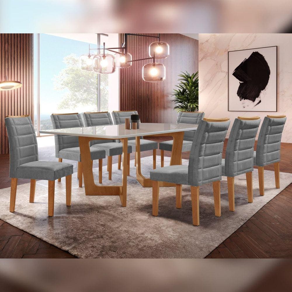 Conjunto Sala De Jantar Nápoles Tampo Vidro/MDF com 8 Cadeiras Genova Smart Plus Cel Móveis Cinamomo/Off White/Cinza
