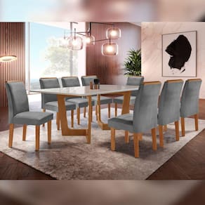 Conjunto Sala De Jantar Nápoles Tampo Vidro/MDF com 8 Cadeiras Luísa Smart Plus Cel Móveis Cinamomo/Off White/Cinza