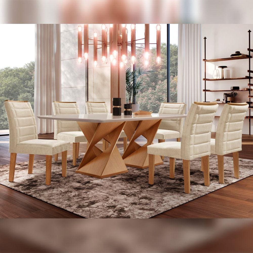 Conjunto Sala De Jantar Genova Tampo Vidro/MDF com 6 Cadeiras Genova Smart Plus Cel Móveis Cinamomo/Off White/Bege