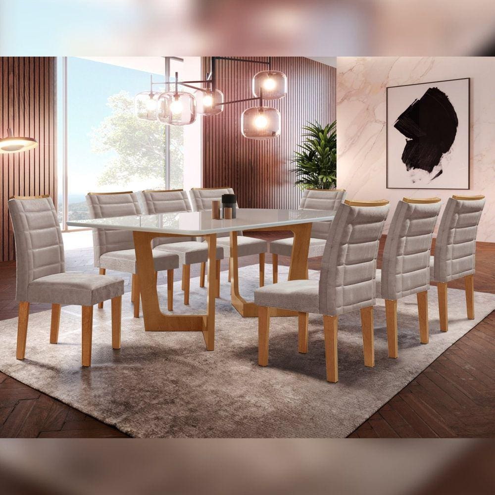 Conjunto Sala De Jantar Nápoles Tampo Vidro/MDF com 8 Cadeiras Genova Smart Plus Cel Móveis Cinamomo/Off White/Marrom Claro