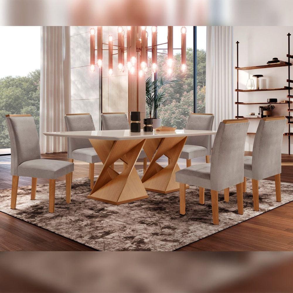 Conjunto Sala De Jantar Genova Tampo Vidro/MDF com 6 Cadeiras Luísa Smart Plus Cel Móveis Cinamomo/Off White/Marrom Claro