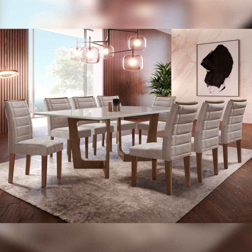 Conjunto Sala De Jantar Nápoles Tampo Vidro/MDF com 8 Cadeiras Genova Smart Plus Cel Móveis Chocolate/Off White/Marrom Claro