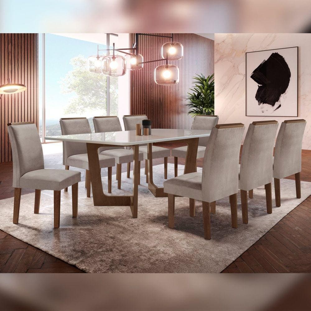 Conjunto Sala De Jantar Nápoles Tampo Vidro/MDF com 8 Cadeiras Luísa Smart Plus Cel Móveis Chocolate/Off White/Marrom Claro