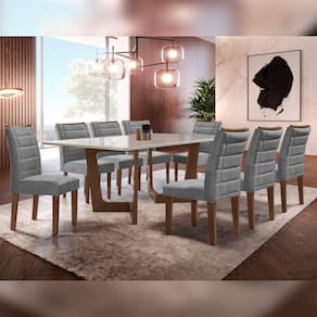 Conjunto Sala De Jantar Nápoles Tampo Vidro/MDF com 8 Cadeiras Genova Smart Plus Cel Móveis Chocolate/Off White/Cinza