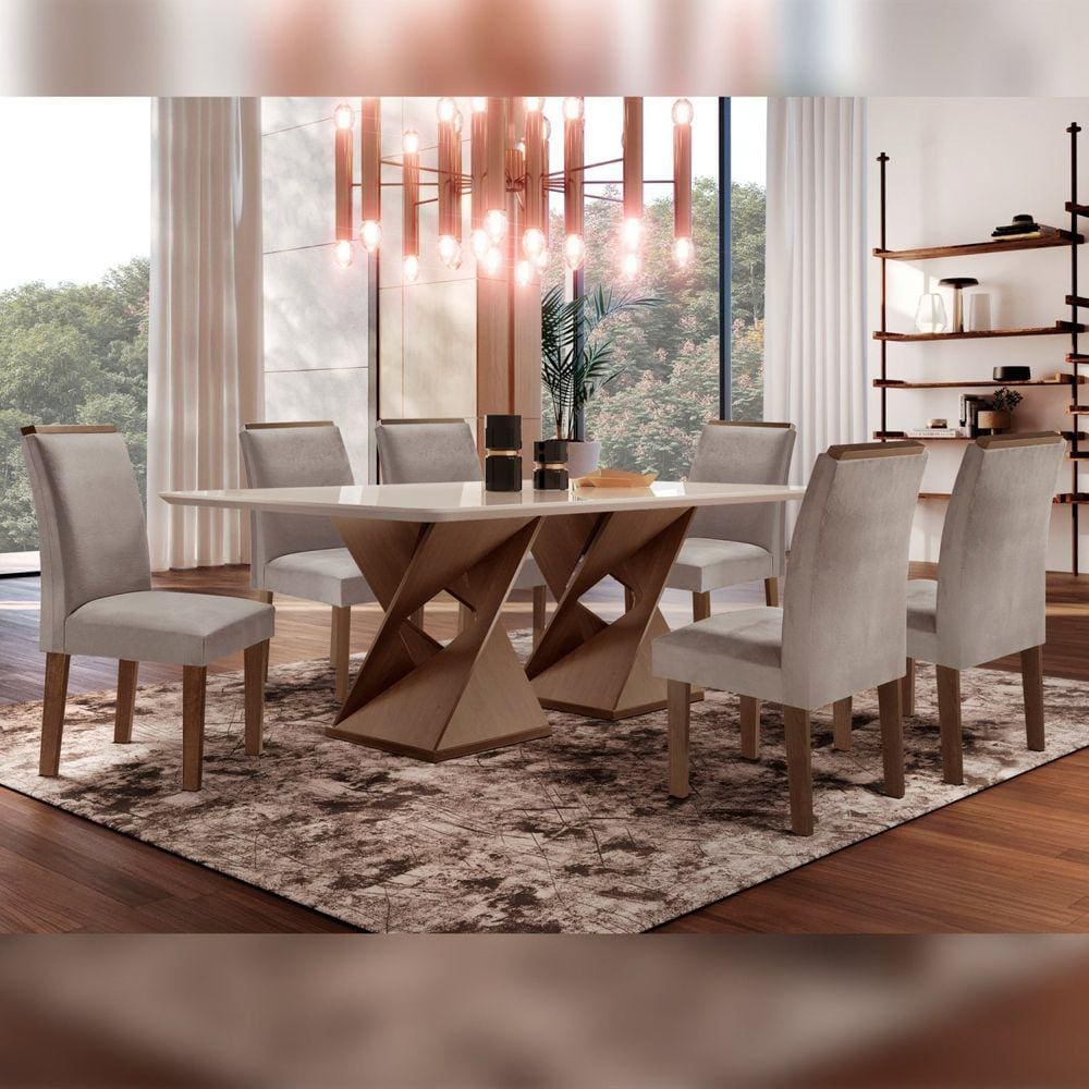 Conjunto Sala De Jantar Genova Tampo Vidro/MDF com 6 Cadeiras Luísa Smart Plus Cel Móveis Chocolate/Off White/Marrom Claro