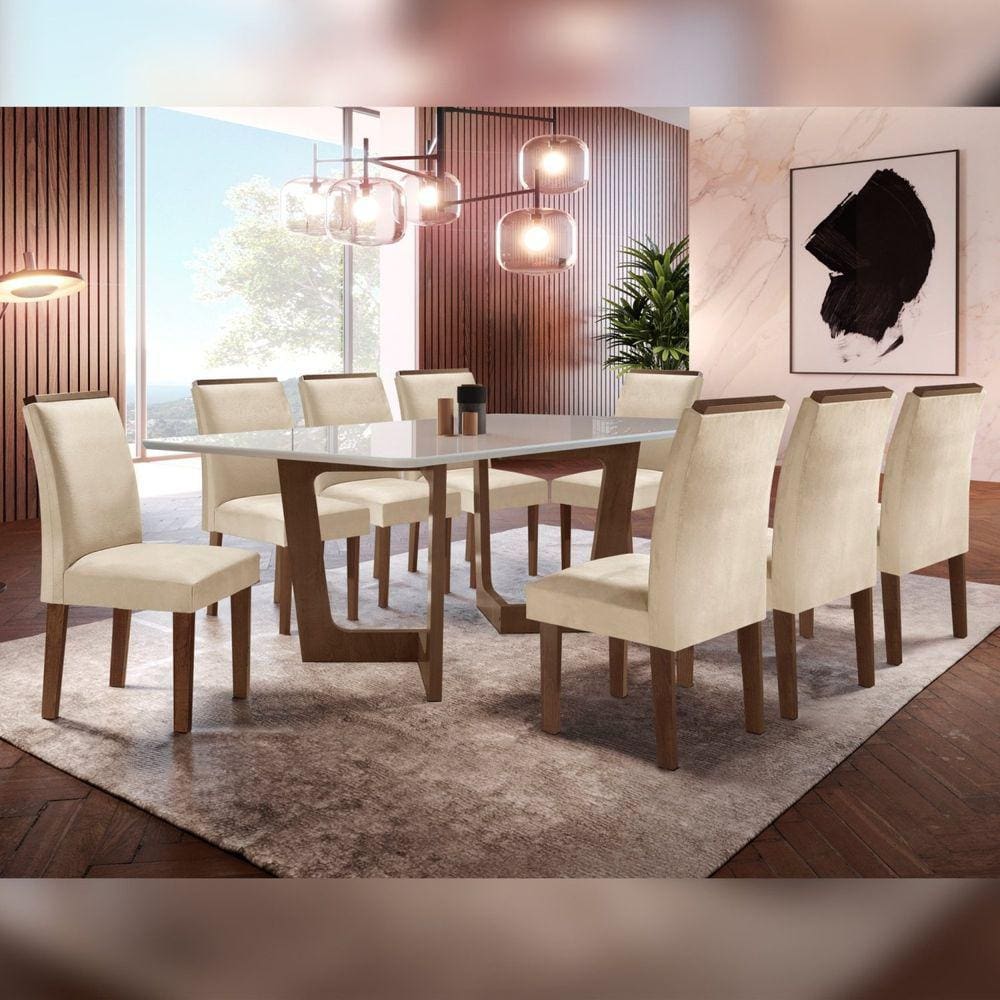 Conjunto Sala De Jantar Nápoles Tampo Vidro/MDF com 8 Cadeiras Luísa Smart Plus Cel Móveis Chocolate/Off White/Bege