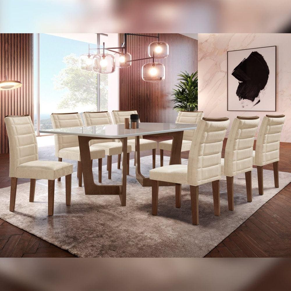 Conjunto Sala De Jantar Nápoles Tampo Vidro/MDF com 8 Cadeiras Genova Smart Plus Cel Móveis Chocolate/Off White/Bege