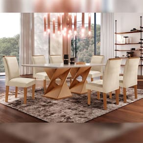 Conjunto Sala De Jantar Genova Tampo Vidro/MDF com 6 Cadeiras Luísa Smart Plus Cel Móveis Cinamomo/Off White/Bege