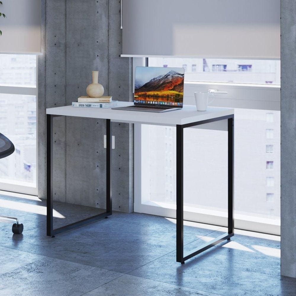 Mesa para Escritório Office Estilo Industrial 90cm Kuadra Compace Branco Chess