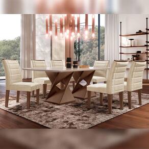 Conjunto Sala De Jantar Genova Tampo Vidro/MDF com 6 Cadeiras Genova Smart Plus Cel Móveis Chocolate/Off White/Bege