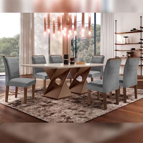 Conjunto Sala De Jantar Genova Tampo Vidro/MDF com 6 Cadeiras Luísa Smart Plus Cel Móveis Chocolate/Off White/Cinza
