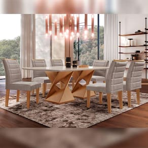Conjunto Sala De Jantar Genova Tampo Vidro/MDF com 6 Cadeiras Genova Smart Plus Cel Móveis Cinamomo/Off White/Marrom Claro