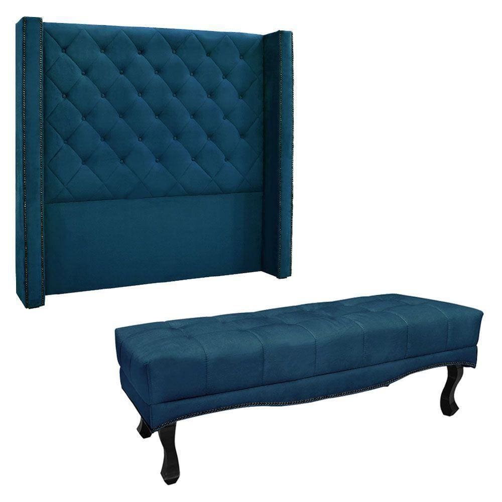 Kit Cabeceira E Calçadeira Queen 1,60M Azul Marinho