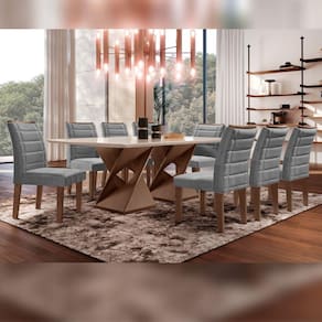 Conjunto Sala De Jantar Genova Tampo Vidro/MDF com 8 Cadeiras Genova Smart Plus Cel Móveis Chocolate/Off White/Cinza