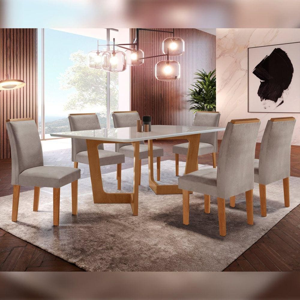 Conjunto Sala De Jantar Nápoles Tampo Vidro/MDF com 6 Cadeiras Luísa Smart Plus Cel Móveis Cinamomo/Off White/Marrom Claro