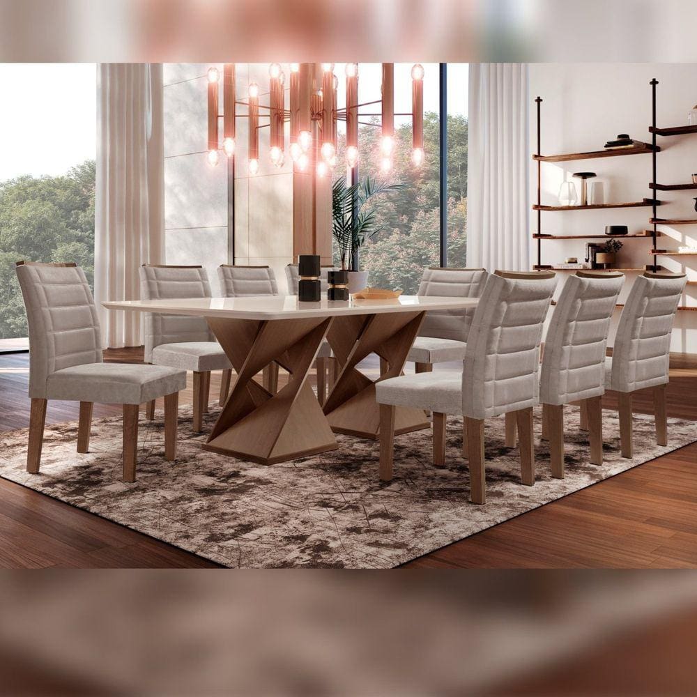 Conjunto Sala De Jantar Genova Tampo Vidro/MDF com 8 Cadeiras Genova Smart Plus Cel Móveis Cinamomo/Off White/Marrom Claro