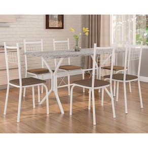 Conjunto de Jantar Mesa Brasília 150cm 6 cadeiras New Lisboa Fabone Móveis Branco Prata/Café