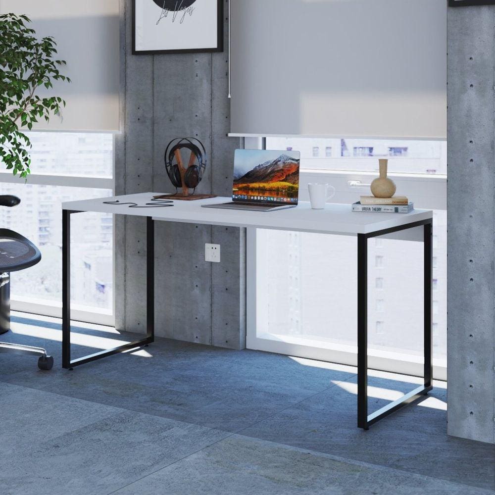 Mesa para Escritório Diretor Estilo Industrial 150cm Kuadra Branco Chess