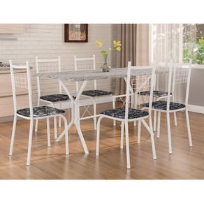 Conjunto de Jantar Mesa Brasilia 150cm 6 cadeiras New Lisboa Fabone Móveis Branco Prata/Preto Floral