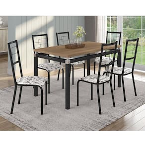 Conjunto Sala de Jantar Mesa Copenhague 136cm 6 Cadeiras Monterrey Fabone Móveis Preto Fosco/Branco Floral