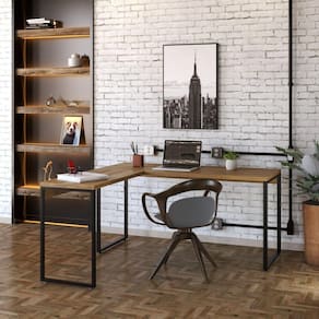 Mesa de Escritório em L Estilo Industrial 150x150cm Kuadra Compace Lamina Mel