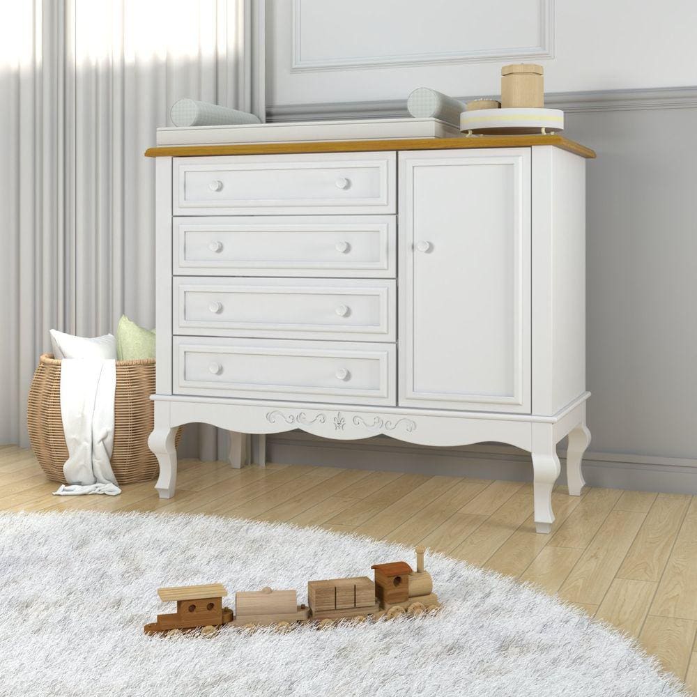 Cômoda Infantil Versailles 4 Gavetas 1 Porta Timber Branco/Mel