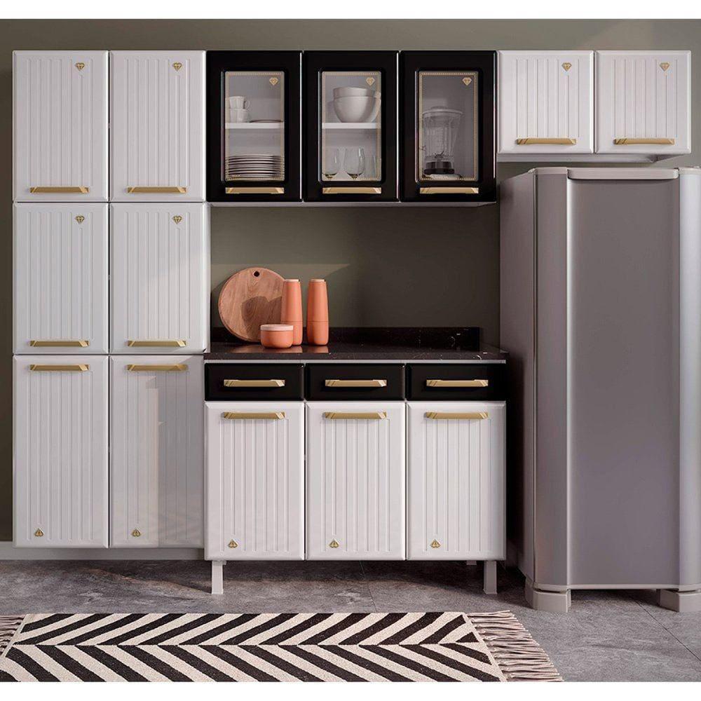 Cozinha Completa com Vidro 4 Peças 14 Portas 3 Gavetas Diamante Telasul Branco/Preto