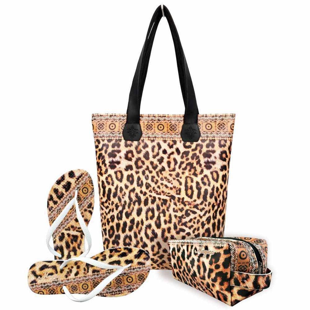 Kit Selva Feminino Oncinha com Bolsa, Necessaire e Chinelo, Magicc