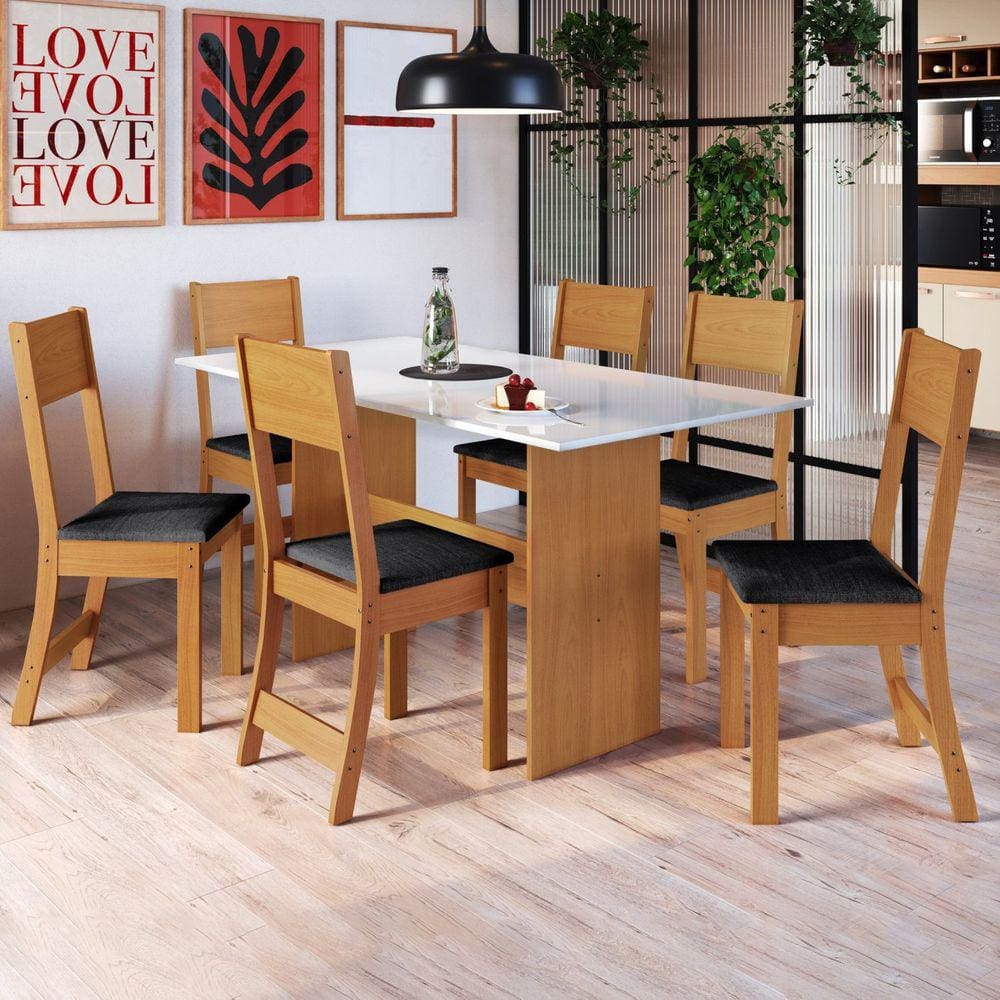 Conjunto Sala de Jantar 1 Mesa 6 Cadeiras Viena Indekes Freijó/Off White/Preto
