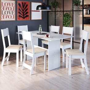 Conjunto Sala de Jantar 1 Mesa 6 Cadeiras Viena Indekes Branco/Linho