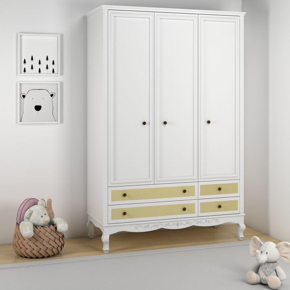 Guarda Roupa Infantil 3 Portas 4 Gavetas Versailles Plus Timber Branco