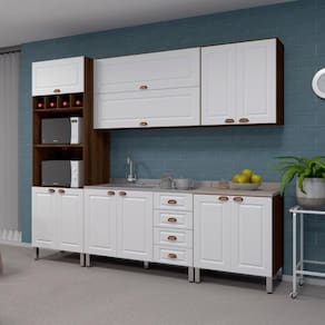 Armário de Cozinha Completa 6 Peças com Tampo e Espaço para Micro-ondas Safira Luciane Móveis