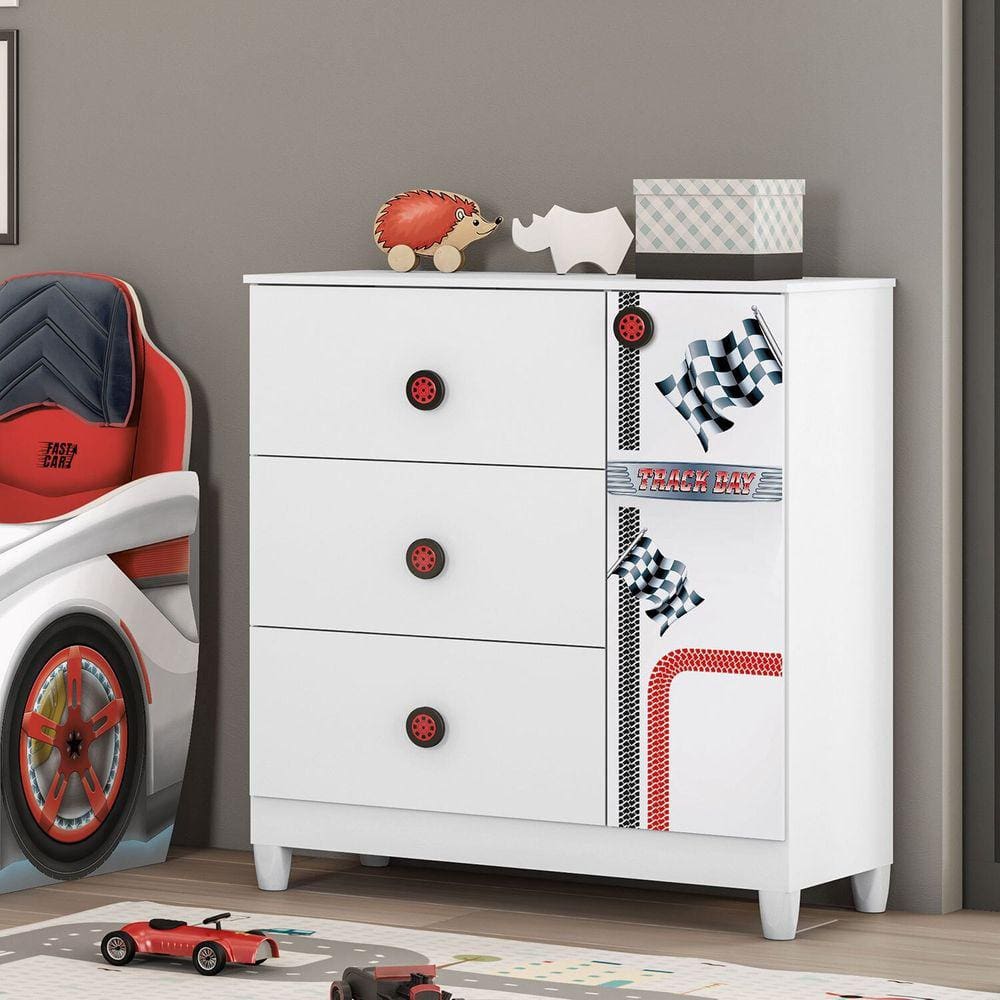 Cômoda Infantil Fast Car 1 Porta 4 Gavetas Móveis Estrela Branco