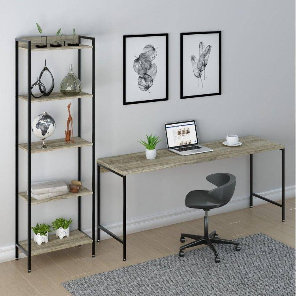Conjunto Escritório 2 Peças Mesa Diretor Industrial 180cm e Estante 5 Prateleiras Compace Carvalho