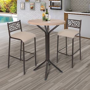 Conjunto Bistrô Dani 2 Banquetas e Mesa Tampo BP Redondo Ciplafe Bronze/ Linho Bege