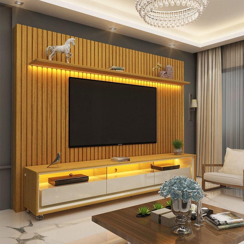 Rack com Painel para TV até 85 Polegadas LED 3 Gavetas Nobre Clean Gelius Móveis Marromle/Off White