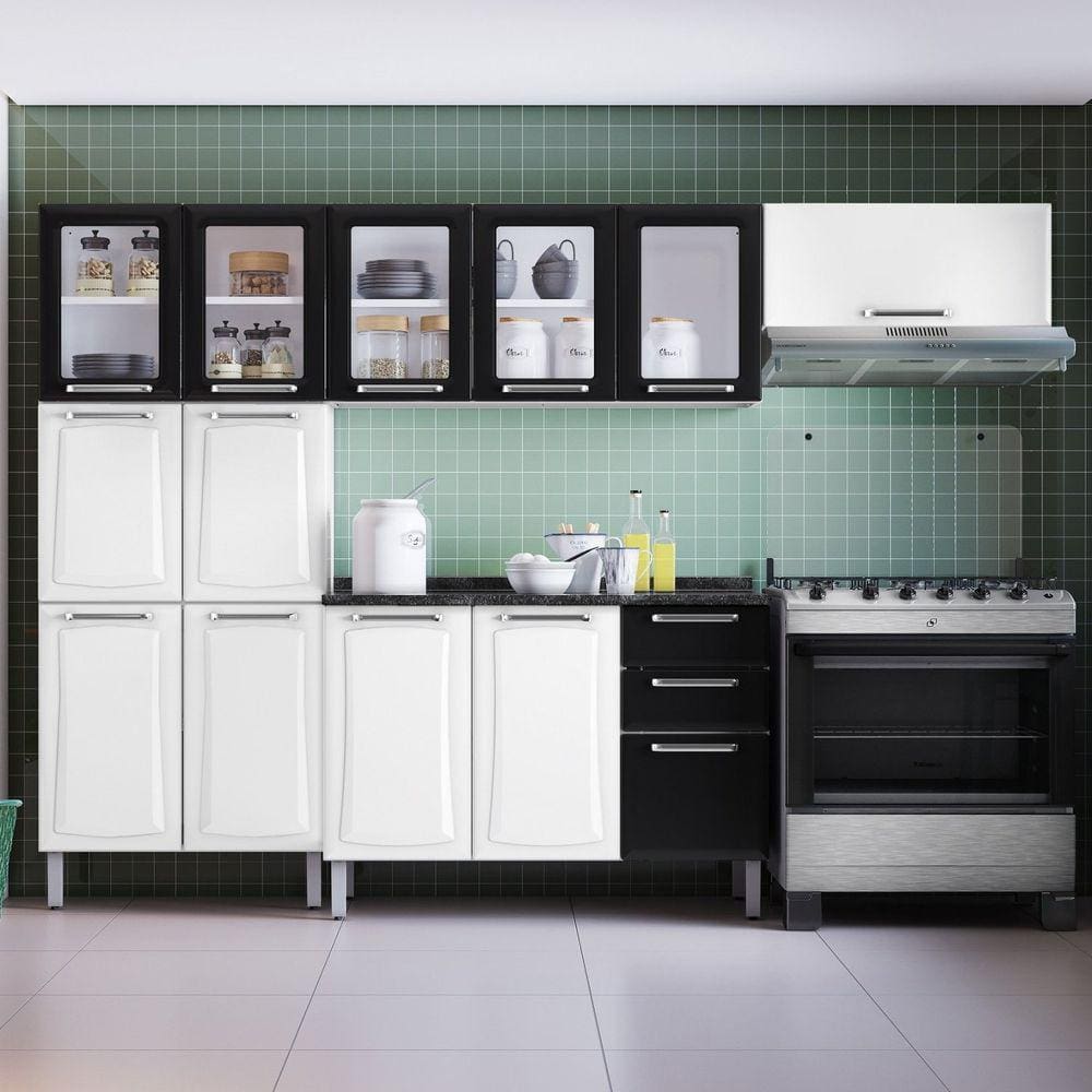 Cozinha 4 Peças 13 Portas 2 Gavetas Paneleiro Duplo em Aço Tarsila Itatiaia Branco/Preto
