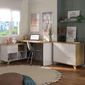 Conjunto Home Office 2 Peças Escrivaninha em L Gold com Balcão Lugano Artany Olmo/Branco