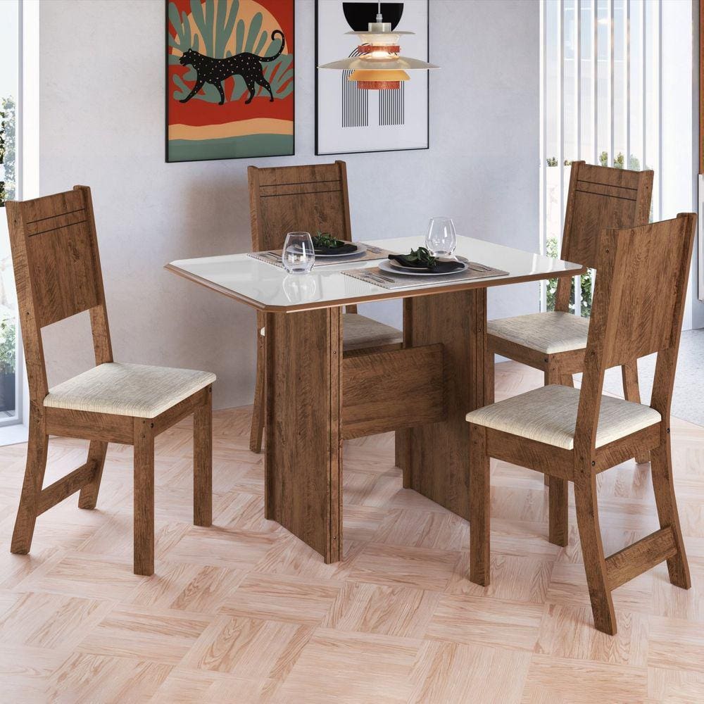 Conjunto de Sala de Jantar 4 Cadeiras Atenas Indekes Noce/Off White
