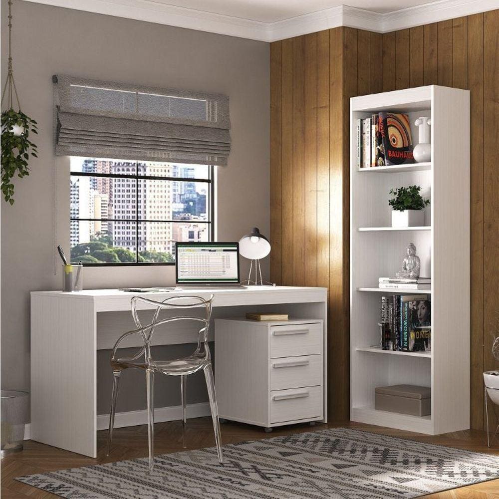 Escrivaninha 150cm com Gaveteiro Office e Estante Livreiro Espresso Móveis Branco