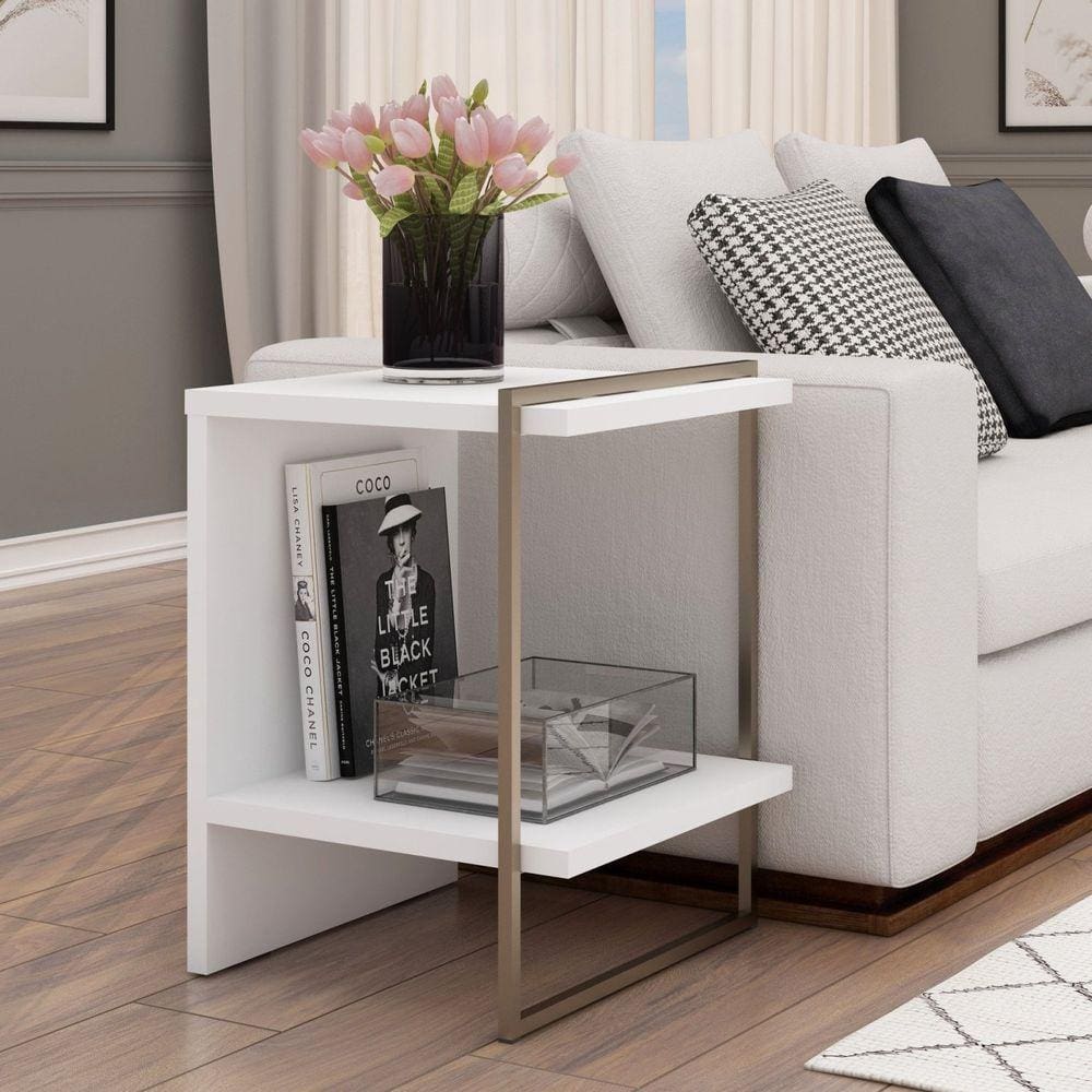 Mesa de Cabeceira 100% MDF com Metalon Infinity Branco Fosco/Metalon Champagne