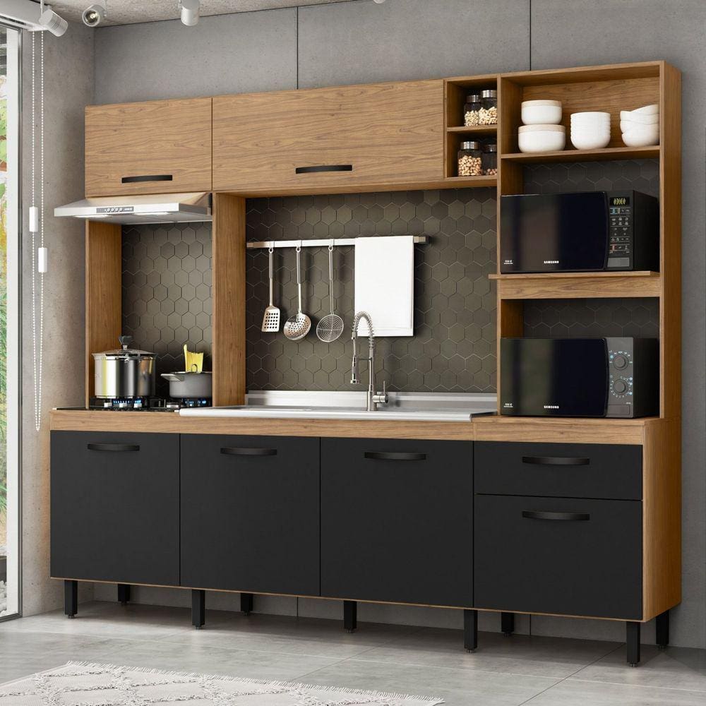 Cozinha Compacta 6 Portas e 1 Gaveta Zoe Espresso Móveis Freijó/Nero